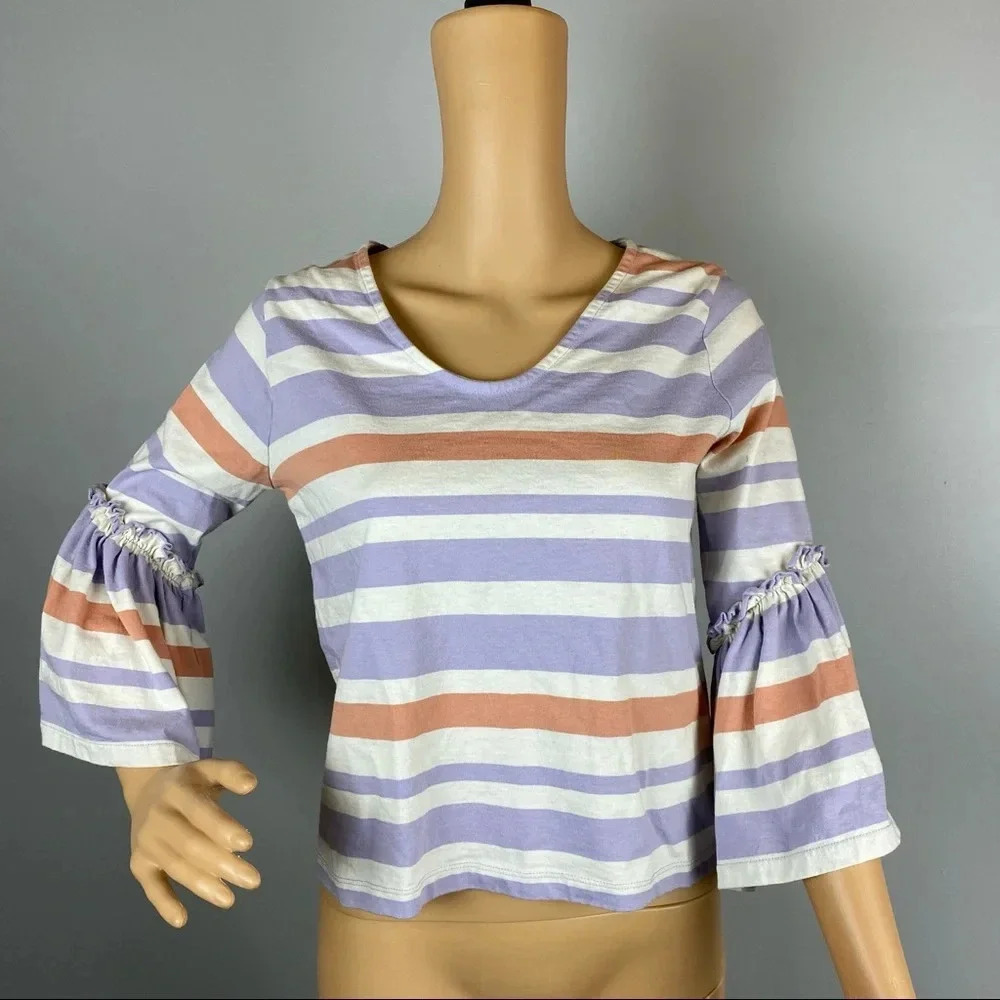 Madewell Womens XS Crop Length Top Blouse Bell Sleeves Purple Peach Stripe